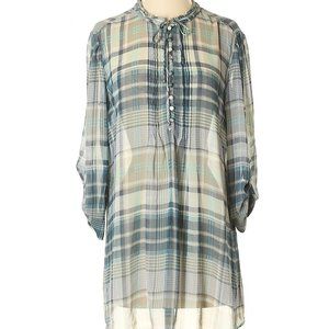 Sheer Plaid Roll Sleeve Tunic Blouse